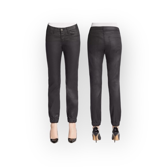 new 3x1 NYC ☏ Retro Track Pant Cropped Jeans ☏ Shiny Black Coated ☏ Elastic Hems - Picture 1 of 16